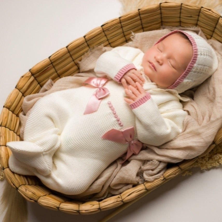 newborn Ivory old rose outfit Spanish style baby knit outfit made with cotton