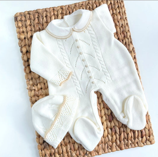 Spanish knitted Romper- Ivory and Camel