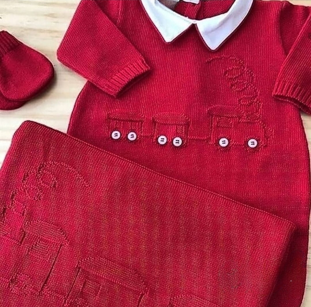 Little Train knitted set with blanket - Red