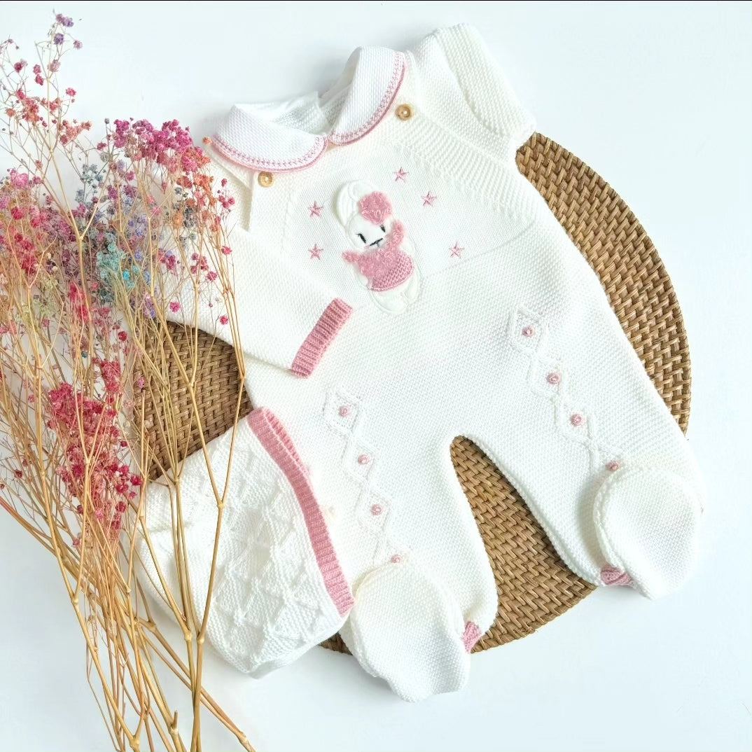 Little bunny knitted set - white&Dusty Rose