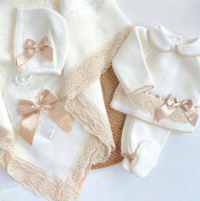 Tivoli  knitted Outfit With Blanket- Ivory & Camel